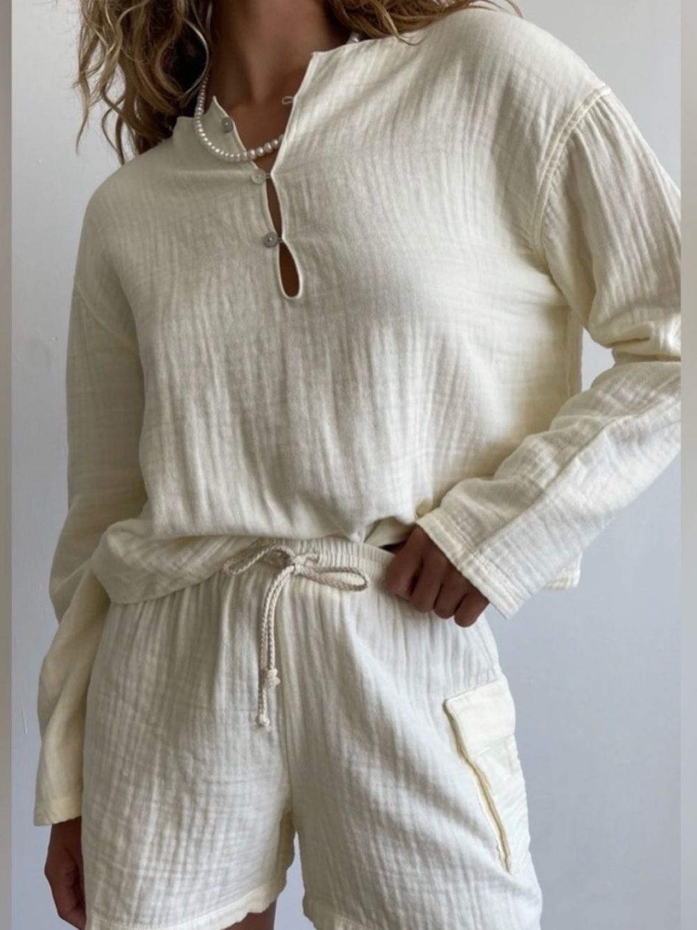 Donni SMALL Bubble tunic double gauze button neck 3/4 sleeve top in beige